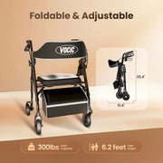 A VociC foldable walker with an integrated seat and storage basket, shown on a beige studio background with text highlighting adjustable features, weight capacity, and folded dimensions.