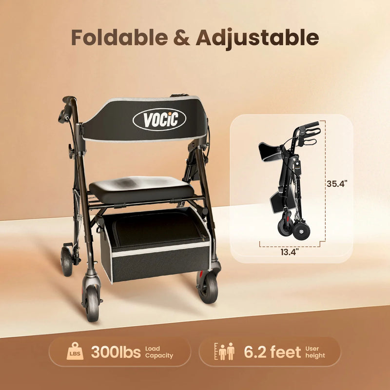A VociC foldable walker with an integrated seat and storage basket, shown on a beige studio background with text highlighting adjustable features, weight capacity, and folded dimensions.