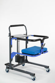 Medical assistance chair with blue seat and black frame on a white background