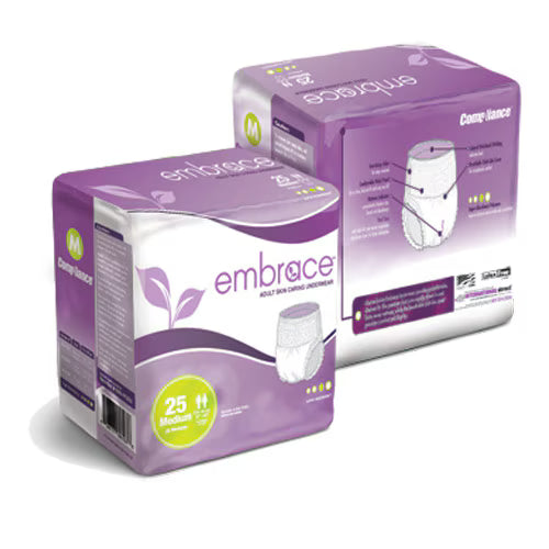 Two purple and white packages of Embrace Comfort nappy pads, size M, with a total of 25 pads, shown on a white background.