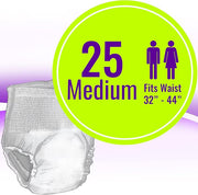 A medium-sized diaper shown next to a bright lime green circular graphic that reads '25 Medium Fits Waist 32" - 44"' with male and female icons.