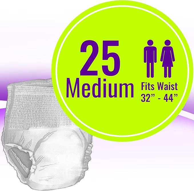 A medium-sized diaper shown next to a bright lime green circular graphic that reads '25 Medium Fits Waist 32" - 44"' with male and female icons.