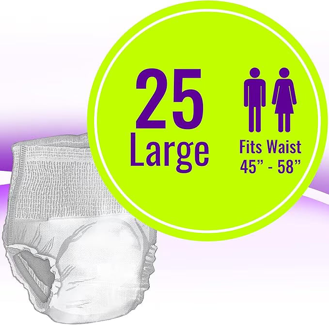 A large white and gray diaper illustration on a pale background with a bright lime-green circular callout that reads '25 Large' and 'Fits Waist 45" - 58"' with male and female icons.
