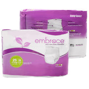 Two packages of Embrace Adult Skin Care Underwear, with the front package in purple and white showing a green '25 X-Large' badge, and the rear package in purple and white showing product details.