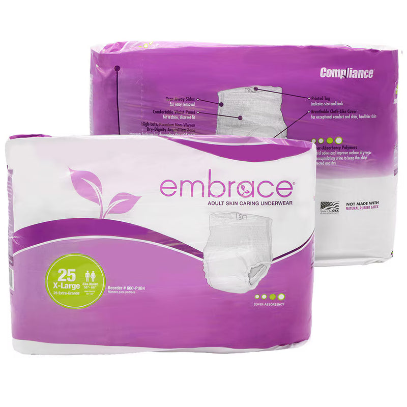 Two packages of Embrace Adult Skin Care Underwear, with the front package in purple and white showing a green '25 X-Large' badge, and the rear package in purple and white showing product details.
