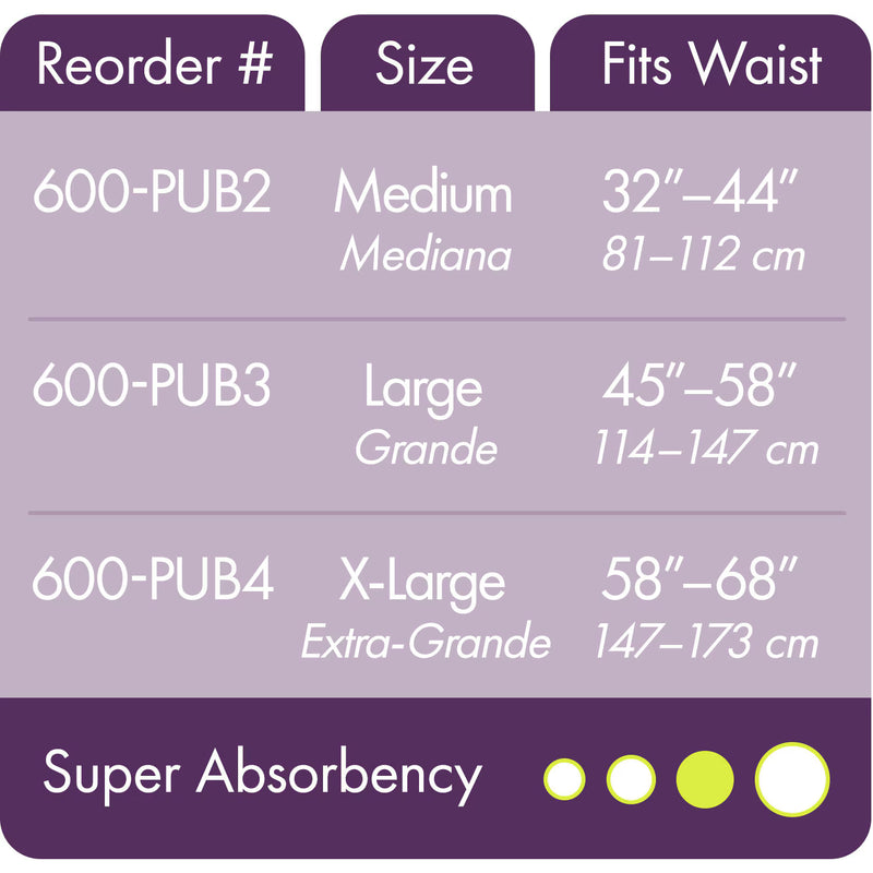 Size chart graphic for waist measurements, showing reorder codes 600-PUB2, 600-PUB3, and 600-PUB4 with Medium, Large, and X-Large sizes and corresponding waist ranges in centimeters. A purple banner at the bottom reads 'Super Absorbency' with three white oval shapes of increasing size.