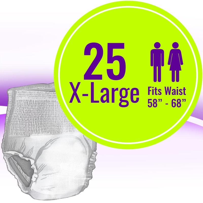 A size graphic for X-Large diapers showing a grayscale diaper illustration and a bright green circular badge with purple text reading '25 X-Large Fits Waist 58" - 68"' and male/female icons.