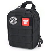 Black tactical first aid kit with visible branding on a white background