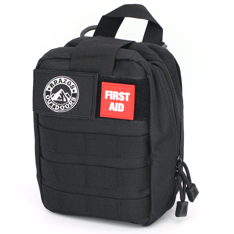 Black tactical first aid kit with visible branding on a white background