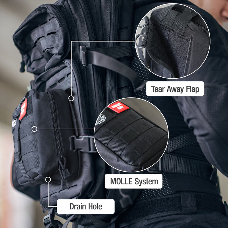 Black tactical backpack with labeled features on a blurred background
