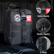 Black tactical first aid kit with safety buckle, double zippers, and D-rings on a dark background.