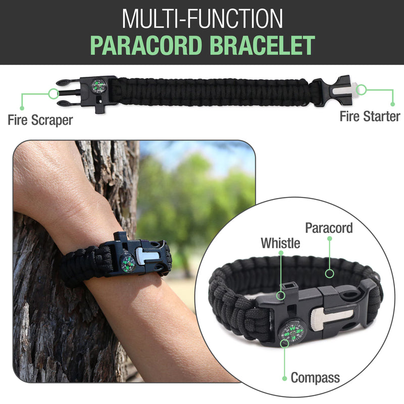 Black multi-function paracord bracelet with various tools on a wrist, outdoors.