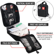 Tactical gear set with open pouch showing first aid supplies and customizable features.