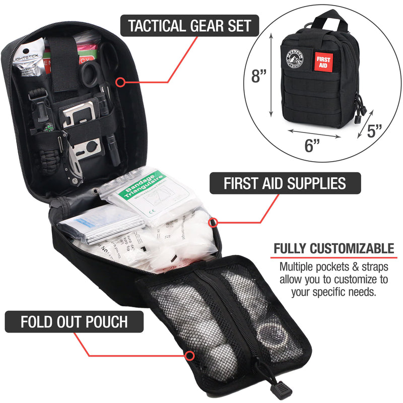 Tactical gear set with open pouch showing first aid supplies and customizable features.