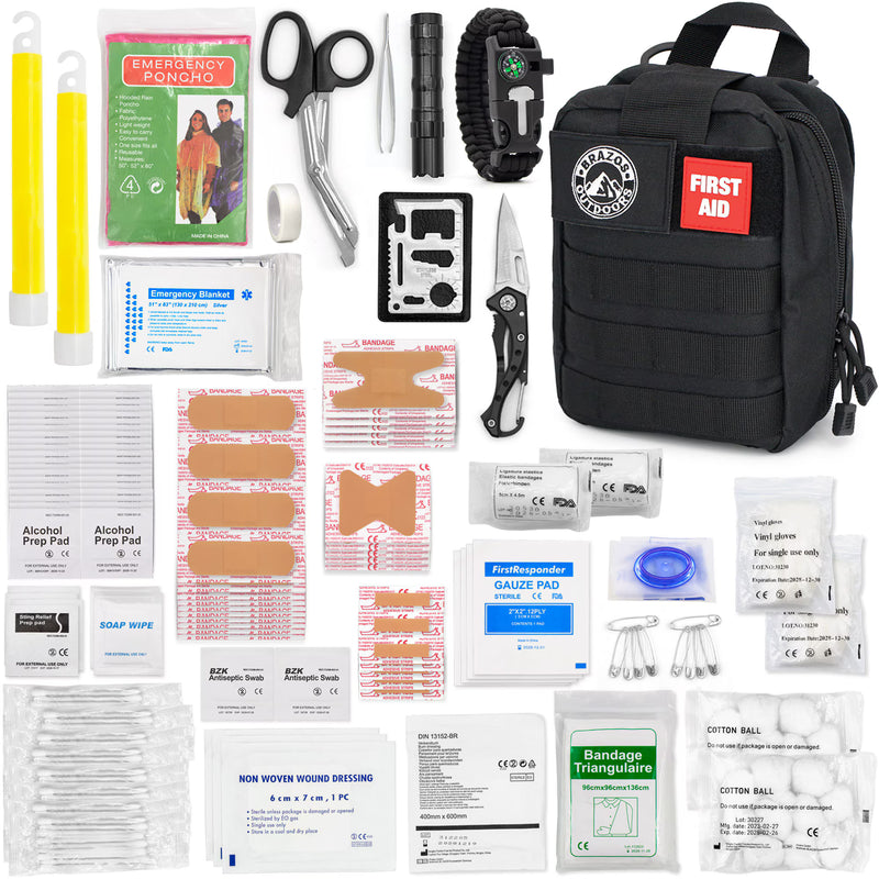 First aid kit with various components on a white background