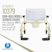 Dynarex 10379 BARI+MAX mobile shower chair in cream with a white padded backrest and white seat, shown on a white background with product specifications and the Dynarex logo.