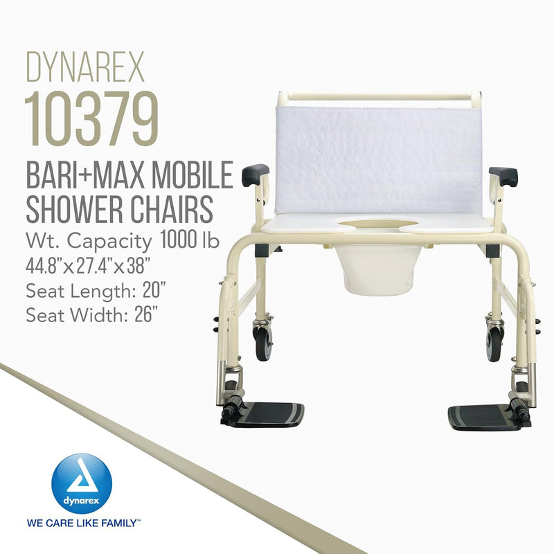 Dynarex 10379 BARI+MAX mobile shower chair in cream with a white padded backrest and white seat, shown on a white background with product specifications and the Dynarex logo.
