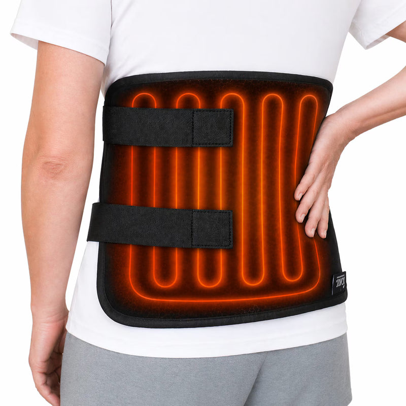 A person wearing a black heating pad waist support belt with glowing orange heating elements, shown from the back against a white background.
