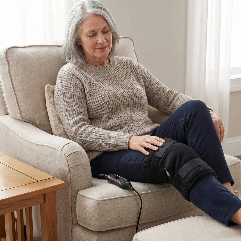 woman using heating pad on knee