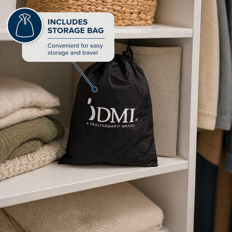 A black drawstring storage bag with a white DMI logo sits on a white shelf next to folded beige and green textiles. A blue callout bubble says the bag includes storage bag and notes it is convenient for easy storage and travel.