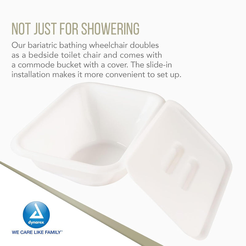 White Dynarex bariatric bathtub wheelchair shown open with its lid leaning against the basin on a light gray background, with promotional text above and the Dynarex logo at the bottom left.