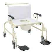 A portable bathroom chair with a white seat and backrest, black armrests, a white plastic bowl, and black footrests on a white background.