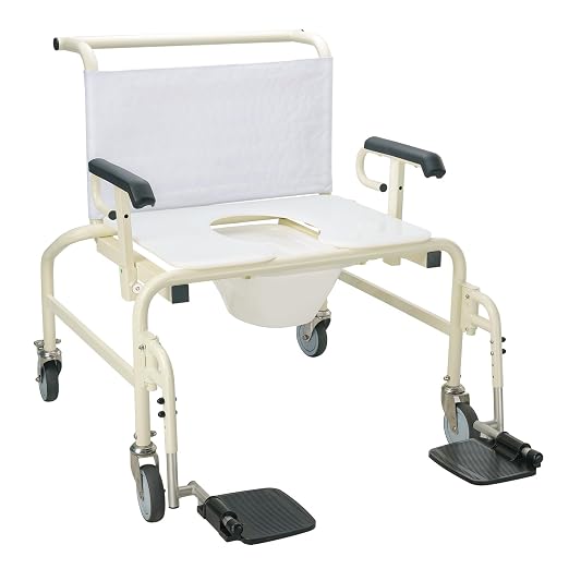 A portable bathroom chair with a white seat and backrest, black armrests, a white plastic bowl, and black footrests on a white background.
