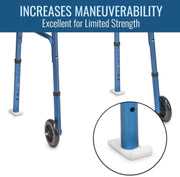 Blue walker with wheels and text indicating increased maneuverability and suitability for limited strength.