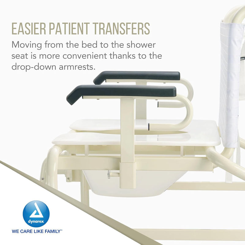 A close-up of a cream-colored Dynarex shower seat with black armrest pads, shown with promotional text about easier patient transfers and a Dynarex logo in the lower left.