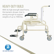 An off-white Dynarex bariatric shower chair with a high-strength steel frame, shown with its armrests and footrests extended. The image includes marketing text on the left and the Dynarex logo at the bottom left.