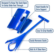 Blue plastic sock removal tool set with callout labels explaining features such as keeping the sock open, hook handle for extra support, easy grip handle, and use as a shoe horn, on a white background.