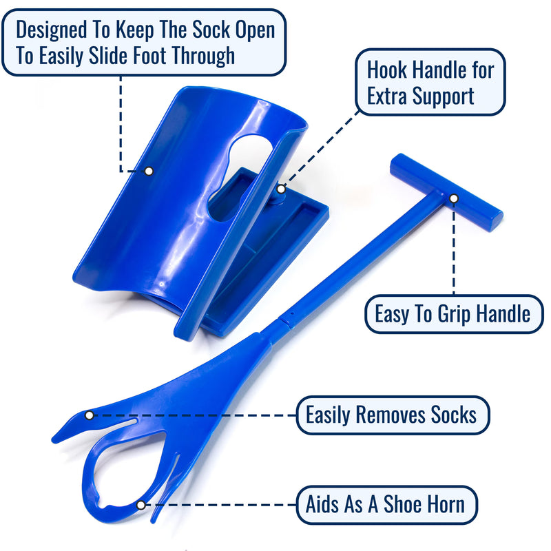 Blue plastic sock removal tool set with callout labels explaining features such as keeping the sock open, hook handle for extra support, easy grip handle, and use as a shoe horn, on a white background.