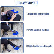 Instruction graphic showing how to use a blue foot-slit cradle with a gray sock. The layout has three numbered steps with text: 1.