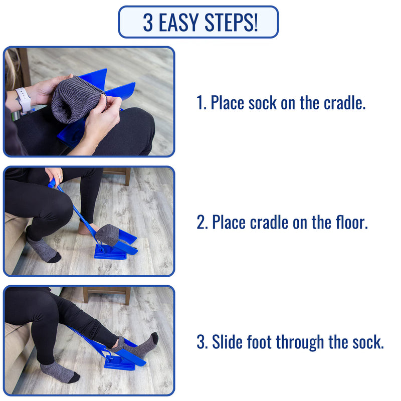 Instruction graphic showing how to use a blue foot-slit cradle with a gray sock. The layout has three numbered steps with text: 1.