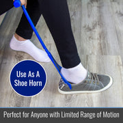 Person using a blue shoe horn on a wooden floor with text indicating its use as a shoe horn.
