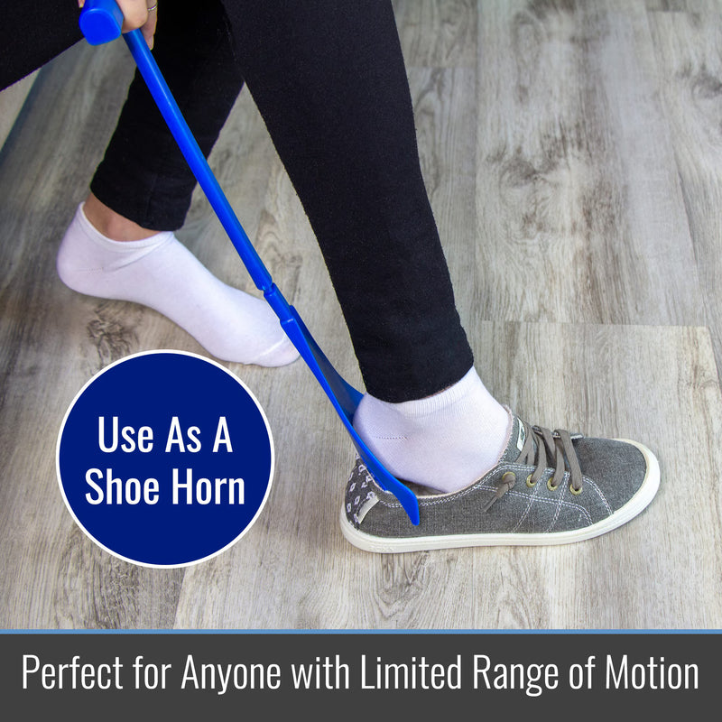 Person using a blue shoe horn on a wooden floor with text indicating its use as a shoe horn.