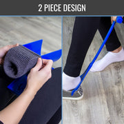 A two-piece sock fitting tool shown in a split-screen lifestyle image. The left panel shows hands holding the blue plastic tool and a gray ribbed sock.