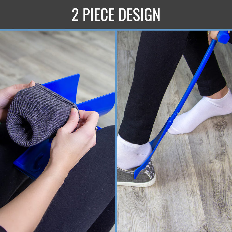 A two-piece sock fitting tool shown in a split-screen lifestyle image. The left panel shows hands holding the blue plastic tool and a gray ribbed sock.