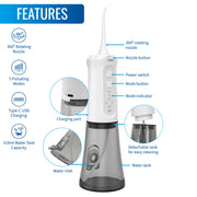 A cordless oral irrigator with labeled feature callouts and callout circles on a white background. The product is shown upright with a transparent nozzle tip, white upper body, dark gray translucent middle section, and clear water tank.