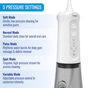 A white and silver oral irrigator with a control panel shown next to text explaining five pressure settings: Soft Mode, Normal Mode, Pulse Mode, Spot Mode, and Variable Mode.