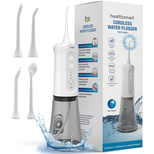 Healthsmart cordless water flosser oral irrigator shown with its retail box, plus three interchangeable nozzles and a cleaning tip. The device is white and gray with a clear upper chamber, set against a white background with a blue water splash graphic at the base.