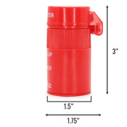 A red cylindrical cup or powder container with a small side tab, shown on a white background with dimension arrows and labels indicating 3 inches tall, 1.5 inches wide at the top, and 1.