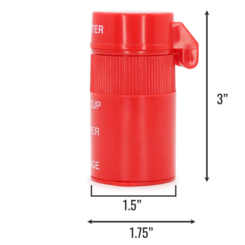 A red cylindrical cup or powder container with a small side tab, shown on a white background with dimension arrows and labels indicating 3 inches tall, 1.5 inches wide at the top, and 1.
