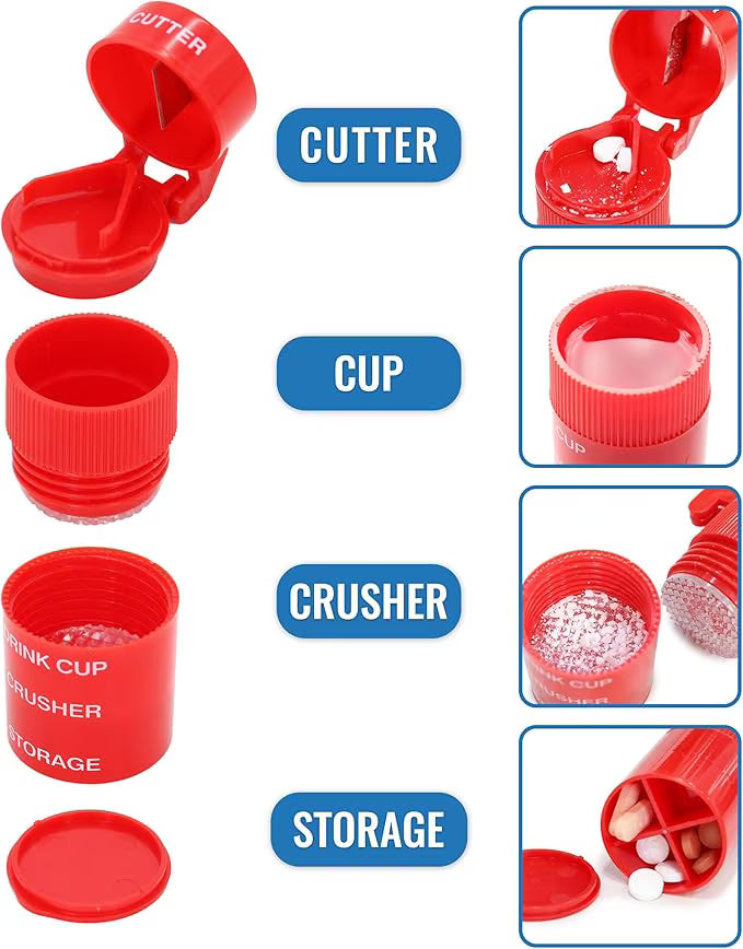 Red pill organizer shown disassembled into labeled parts: cutter, cup, crusher, and storage, with inset close-ups of the compartments and pills, on a white background.