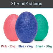 Three textured foam resistance balls in pink, blue, and green on a white background, with text reading '3 Level of Resistance:' at the top and weight labels 'Pink - 15kg', 'Blue - 25kg', and 'Green - 30kg' at the bottom.