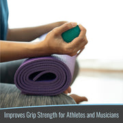 Person holding a purple yoga mat and green ball, with text about improving grip strength.