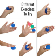 Demonstration of hand exercises using a blue stress ball on a white background.