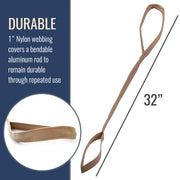 A tan nylon lifting strap with a 32-inch length, shown on a white background with text highlighting durability and a circular inset close-up of the webbing.
