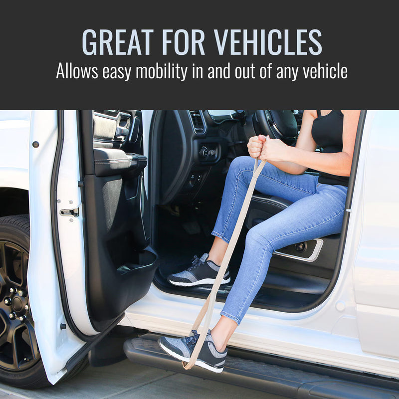 A person sitting in the driver's seat of a white vehicle uses a beige grab handle to assist themselves out of the open door. Text at the top reads 'GREAT FOR VEHICLES' and 'Allows easy mobility in and out of any vehicle.