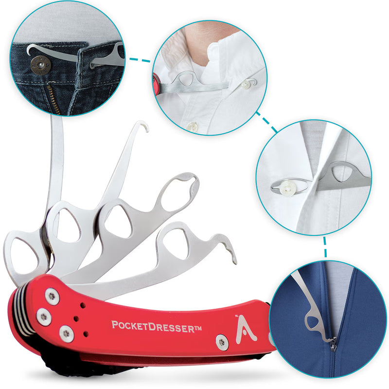 Red PocketDresser tool with multiple components on a white background